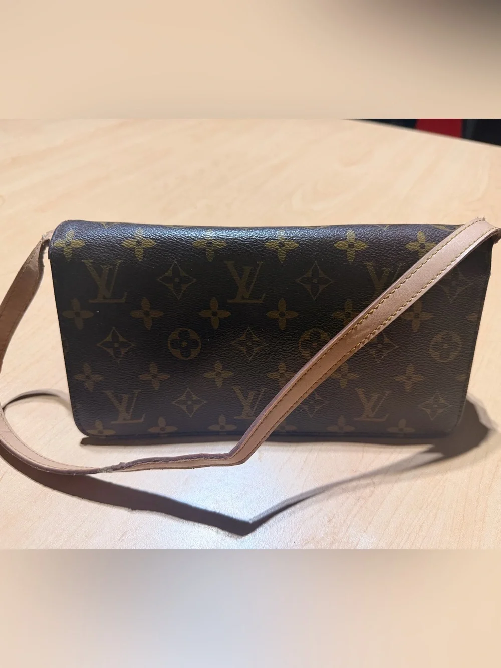 Louis Vuitton Monogram Canvas Shoulder Bag in Brown with Tan Strap. Used.